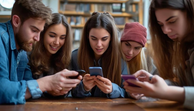 A group of friends engrossed in solving a mystery using their smartphones.